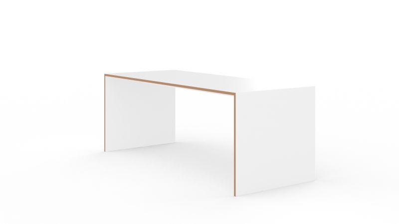 Weißer Tojo Tisch, Modell Freistell, groß, mit minimalistischem Design und Holzdetails.
